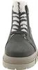 A close-up, front-facing view of a gray winter boot with white faux fur trim and laces. Produktbild-Vorschau