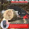 A mini chainsaw is shown cutting a log, with text overlays highlighting its features. Produktbild-Vorschau