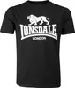 A black t-shirt with a white Lonsdale London logo and lion graphic. Produktbild-Vorschau