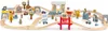 A wooden toy train set with buildings, trees, and vehicles arranged on tracks. Podgląd zdjęcia produktu
