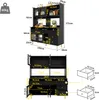 A black kitchen buffet with multiple cabinets and drawers, with dimensions and measurements shown. Produktbild-Vorschau