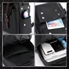 Collage of four close-up shots of a black rucksack, showing its exterior pockets, interior compartments, and how items like a tablet, power bank, and sunglasses can be stored. Produktbild-Vorschau