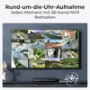 A television screen displaying multiple camera feeds, with a security recording device below. Produktbild-Vorschau