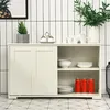 A cream-colored sideboard with sliding doors and open shelving, displaying kitchenware and canned drinks. Produktbild-Vorschau