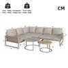 A diagram of a sectional outdoor sofa and coffee tables with dimensions and weight capacity indicated. Produktbild-Vorschau