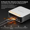 A mini PC with network cables plugged into its dual Ethernet ports, highlighting its connectivity features. Produktbild-Vorschau