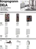 A catalog page showing office furniture, specifically shelves, cabinets, and desks from the 'DELA' program. Produktbild-Vorschau