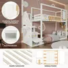 A collage of images showing a white bunk bed with stairs, storage compartments, and a window detail, set in a child's bedroom. Produktbild-Vorschau