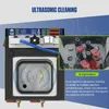 A close-up view of an ultrasonic injector cleaning machine with a magnified inset showing four fuel injectors connected. Náhled obrázku produktu