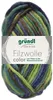 A ball of multi-colored yarn with a label. Produktbild-Vorschau