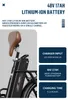 Close-up of an electric bike battery and seat, with feature callouts. Produktbild-Vorschau
