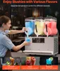 A woman is operating a three-compartment slushie machine, with three different colored slushies being dispensed. Below the machine, there are three smaller images showcasing different drinks and their recommended temperatures. Náhled obrázku produktu