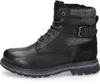 A black leather boot with a grey sole and a plaid fabric cuff. Anteprima dell’immagine prodotto