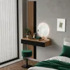 A modern bedroom setting with a vanity table, mirror, and stool. Produktbild-Vorschau