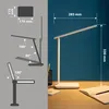 A collage showing a desk lamp with dimensions and articulation angles, and a separate image of the lamp on a desk with a notebook. Produktbild-Vorschau