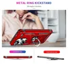 A person's hands are visible in the background, holding a red phone case with a metal ring kickstand. The case is shown from a diagonal angle, highlighting its design and features. Below the main image, there are two smaller images comparing "our phone cas Anteprima dell’immagine prodotto