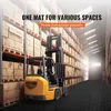 A forklift in a warehouse with shelves of boxes. Voir les images du produit
