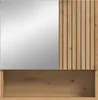 A close-up view of a bathroom cabinet with a mirror and wooden slatted accents. Produktbild-Vorschau