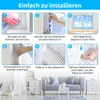 A collage of images showing the steps to install a window seal kit for a mobile air conditioner, with a living room scene at the bottom. Produktbild-Vorschau