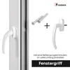 A white window handle and screws are shown on a white background, with a partial view of a white window frame on the left. Anteprima dell’immagine prodotto
