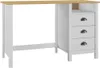 A white desk with a wooden top and three drawers. Produktbild-Vorschau