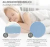 A child sleeping on a bed, with close-up insets showing mattress material and texture. Produktbild-Vorschau