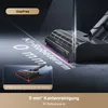A vacuum cleaner head is shown cleaning along an edge, demonstrating its 0mm edge cleaning capability. Text overlays highlight features. Produktbild-Vorschau