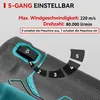 Close-up of a power tool handle with a speed adjustment dial and speed indicators. Produktbild-Vorschau