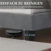 A robotic vacuum cleaner is shown under a bed frame, illustrating the bed's ground clearance for easy cleaning. Produktbild-Vorschau