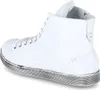 A white high-top sneaker with a silver sole, shown from a side-back angle. Produktbild-Vorschau