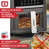 Close-up shot of a modern air fryer with food inside and promotional text overlays. Produktbild-Vorschau