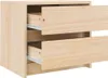 A close-up view of a wooden nightstand with two drawers partially open. Produktbild-Vorschau