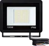A black LED floodlight with a white panel and visible LEDs, mounted on a bracket, with a coiled black cable attached. Produktbild-Vorschau