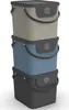 Three stackable storage boxes with lids, each with a different recycling symbol on the lid flap. Produktbild-Vorschau