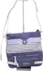A blue crossbody bag with white and black stripes and beige accents, displayed on a stand against a white background. Anteprima dell’immagine prodotto