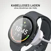 A smartwatch with a protective case is shown charging wirelessly. Produktbild-Vorschau