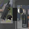 Close-up views of a black two-way radio, highlighting its features like the USB-C port, 3.5mm jack, and back clip, set against a blurred background of drinks. Produktbild-Vorschau
