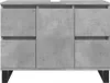 A front view of a concrete-gray bathroom vanity cabinet with black legs. Náhled obrázku produktu