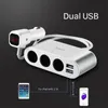 A car charger with multiple ports and a digital display, shown with illustrative graphics of compatible devices. Produktbild-Vorschau