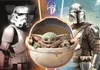 A Star Wars scene featuring a stormtrooper, the Mandalorian, and Grogu (Baby Yoda). Voir les images du produit
