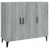 A gray wooden sideboard with three doors and black handles, standing on black legs. Produktbild-Vorschau