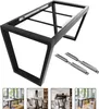 A black metal table frame with two silver metal sliders next to it, on a white background. Below are four smaller images showing the table frame in different room settings. Náhled obrázku produktu