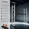 A multi-purpose scaffolding system set up indoors, with descriptive text on the left side. Produktbild-Vorschau