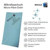 A product image featuring a light blue microfiber cloth with text and icons describing its features. Produktbild-Vorschau