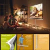 A family is watching a movie on a projector screen in a living room, with additional panels showing product features and benefits. Produktbild-Vorschau