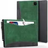 A green tablet case with a front pocket holding a phone, a stylus, and a charging cable. The case is shown open, with the back cover visible behind it. Produktbild-Vorschau