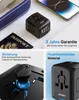 A collage of images showcasing a black universal travel adapter with USB ports, a passport, and a smartphone. Náhled obrázku produktu