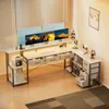 A modern L-shaped desk setup with multiple monitors, drawers, and integrated lighting, positioned near a window. Produktbild-Vorschau