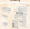 A diagram showing the dimensions of a white vanity table and stool set. Voir les images du produit