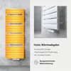 A split image showing a bright orange radiator on the left and a close-up of a white radiator on the right, with descriptive text and icons. Produktbild-Vorschau